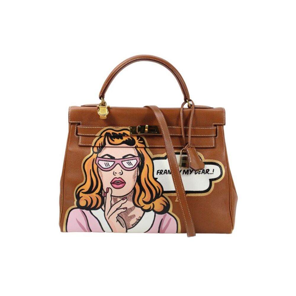 Hermes Womens Printed Kelly 32 Gold Tone Hardware Lock Key Leather Handbag Brown